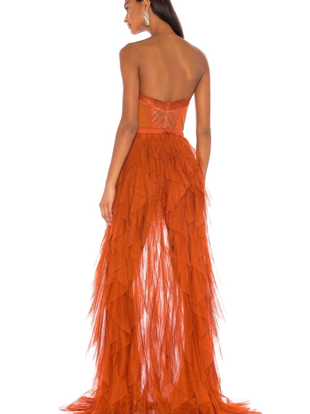 For Love & Lemons Strapless Ruffled Tulle Gown in Rust Orange - Picture 3 of 7